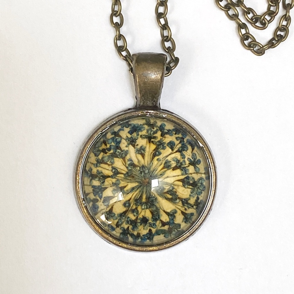 Beautiful Handmade Real Pressed Flower Necklace in Blue, Tan and Antique Brass